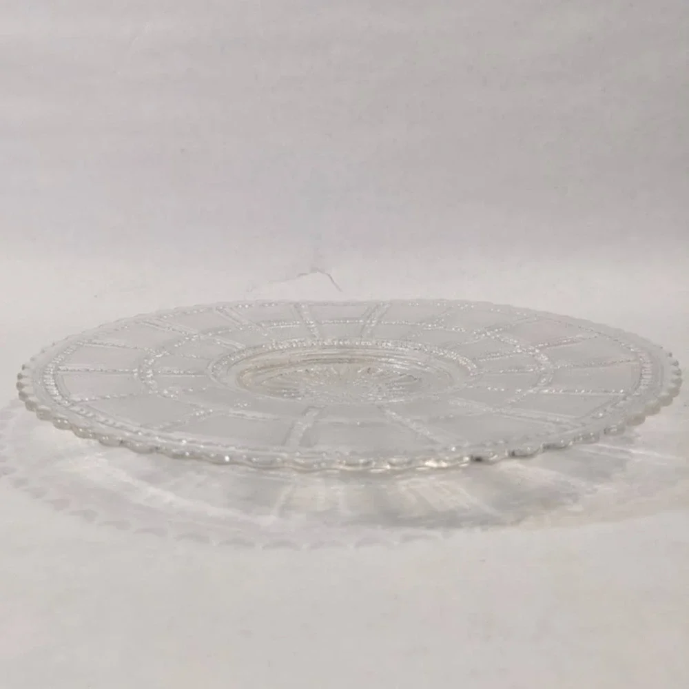 Vintage Clear Pressed Glass Round Platter Sunburst Scalloped Sawtooth Edge